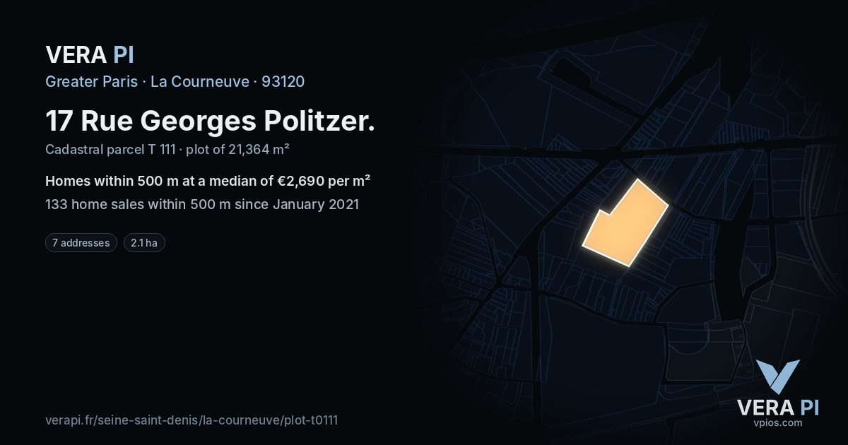 17 Rue Georges Politzer, La Courneuve at night – the plot lit, the parcels around coloured by the prices near them