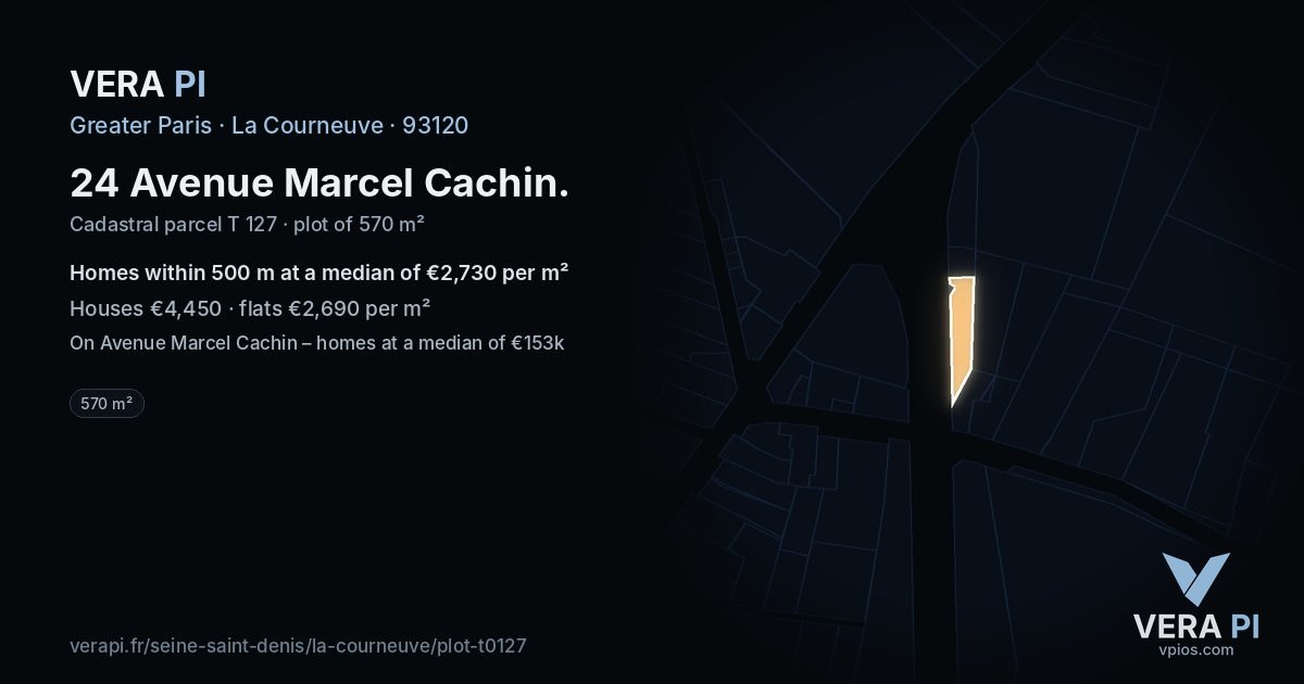 24 Avenue Marcel Cachin, La Courneuve at night – the plot lit, the parcels around coloured by the prices near them