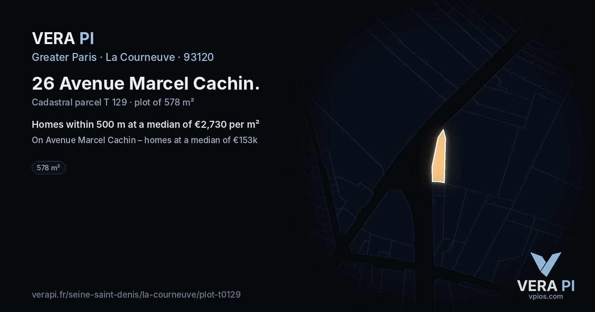 26 Avenue Marcel Cachin, La Courneuve at night – the plot lit, the parcels around coloured by the prices near them