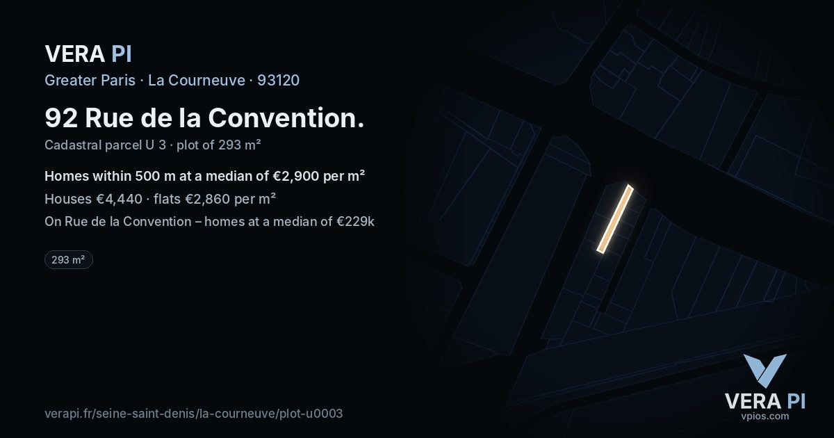 92 Rue de la Convention, La Courneuve at night – the plot lit, the parcels around coloured by the prices near them