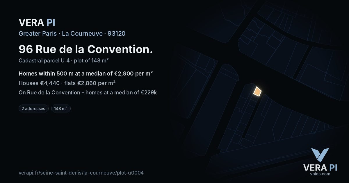96 Rue de la Convention, La Courneuve at night – the plot lit, the parcels around coloured by the prices near them