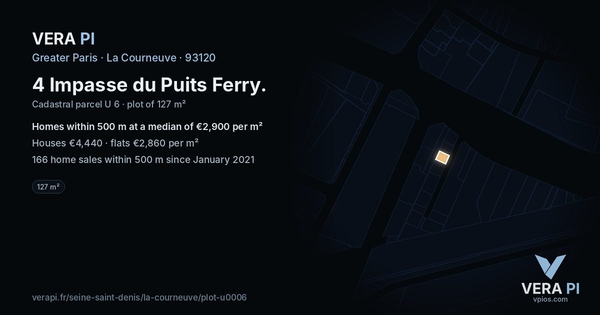 4 Impasse du Puits Ferry, La Courneuve at night – the plot lit, the parcels around coloured by the prices near them
