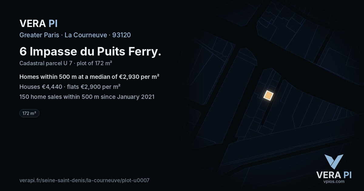 6 Impasse du Puits Ferry, La Courneuve at night – the plot lit, the parcels around coloured by the prices near them