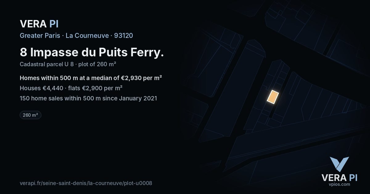 8 Impasse du Puits Ferry, La Courneuve at night – the plot lit, the parcels around coloured by the prices near them