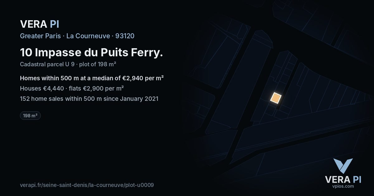10 Impasse du Puits Ferry, La Courneuve at night – the plot lit, the parcels around coloured by the prices near them
