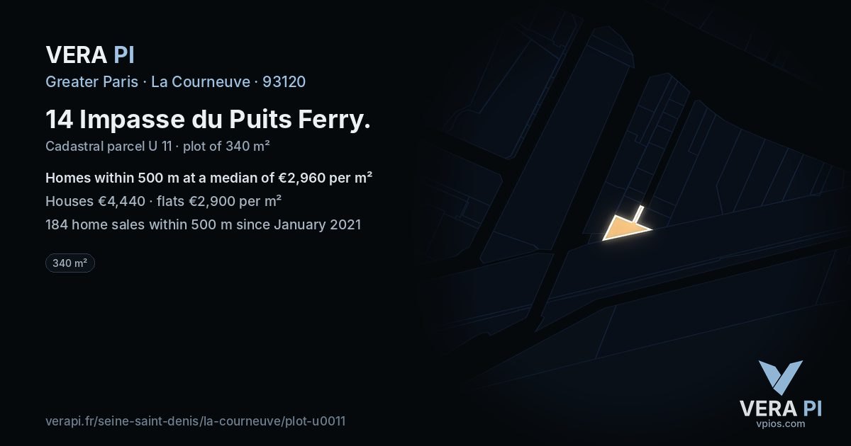 14 Impasse du Puits Ferry, La Courneuve at night – the plot lit, the parcels around coloured by the prices near them