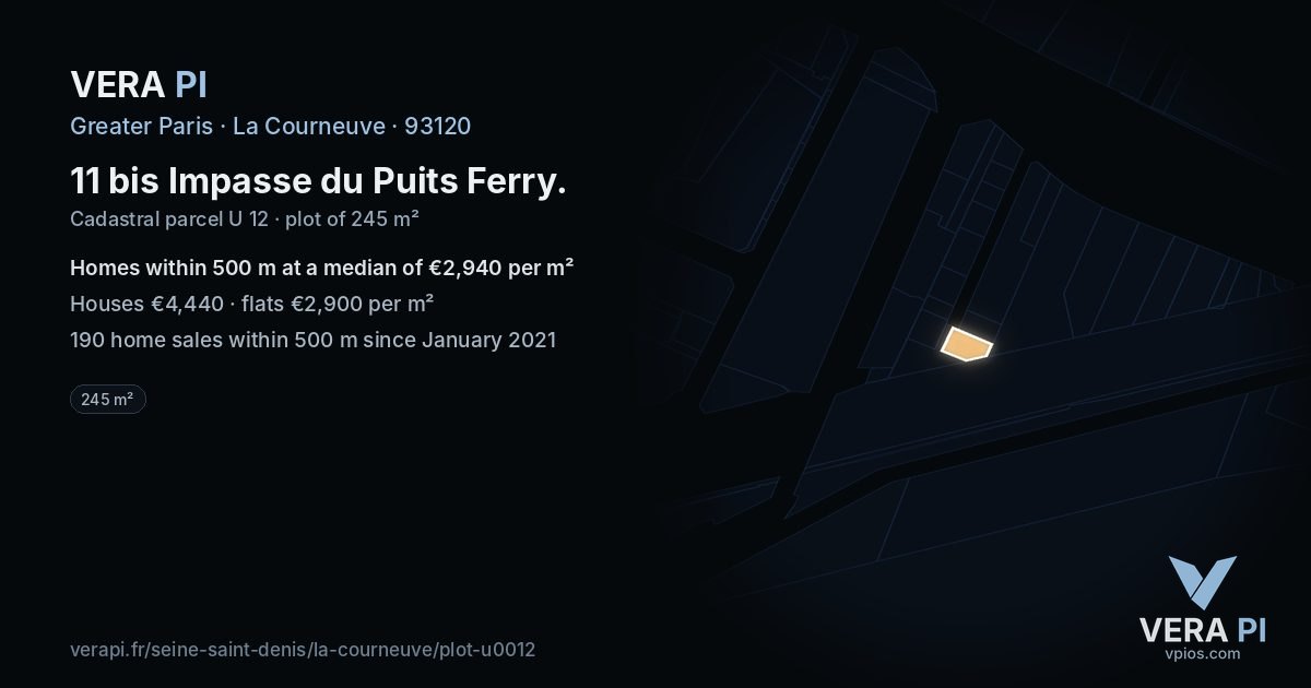 11 bis Impasse du Puits Ferry, La Courneuve at night – the plot lit, the parcels around coloured by the prices near them