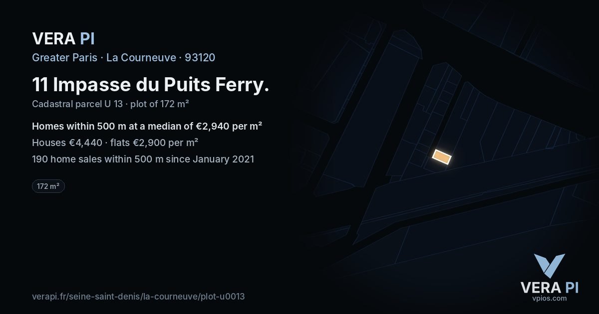 11 Impasse du Puits Ferry, La Courneuve at night – the plot lit, the parcels around coloured by the prices near them