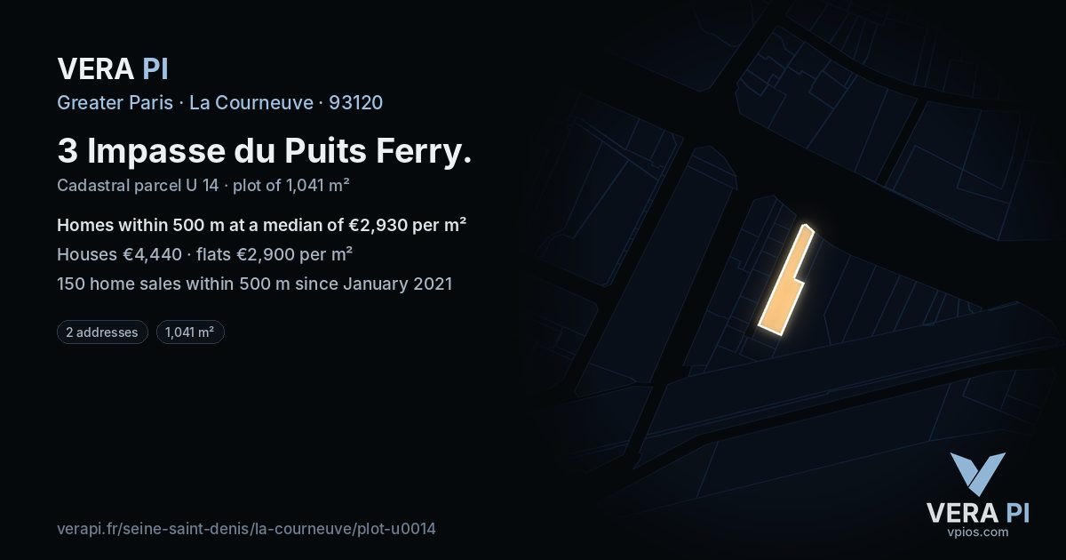 3 Impasse du Puits Ferry, La Courneuve at night – the plot lit, the parcels around coloured by the prices near them