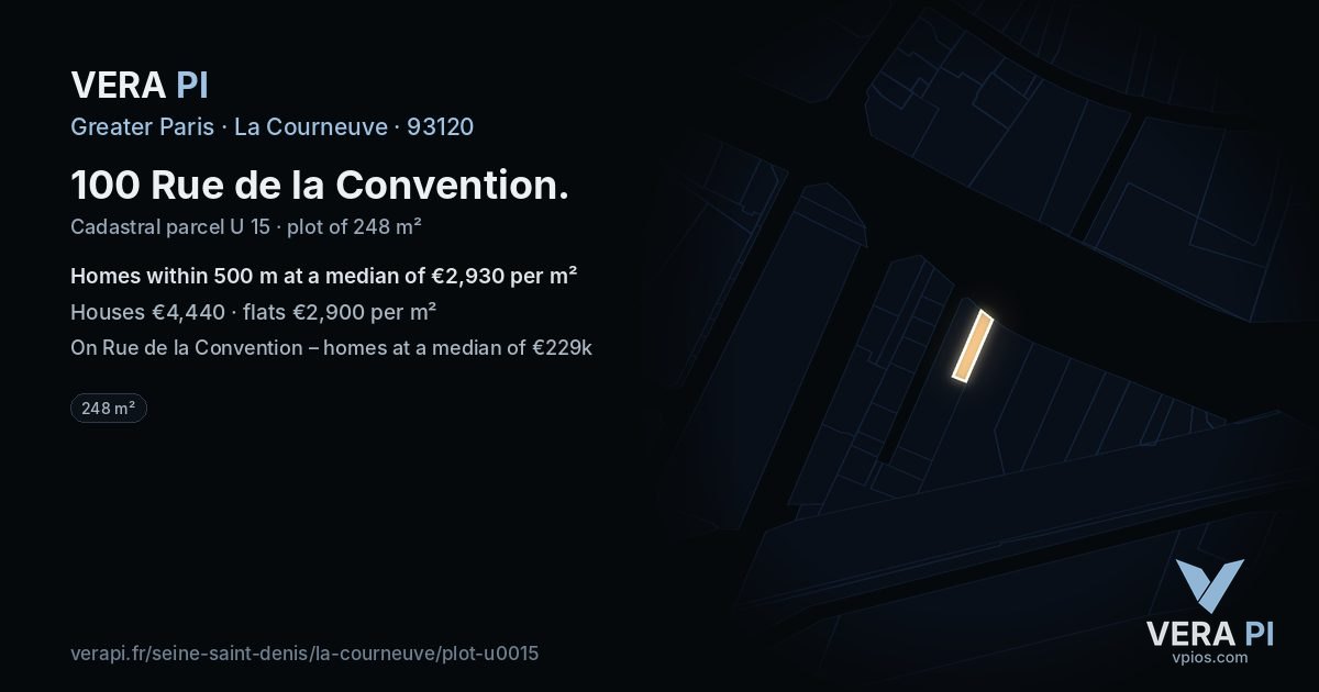 100 Rue de la Convention, La Courneuve at night – the plot lit, the parcels around coloured by the prices near them