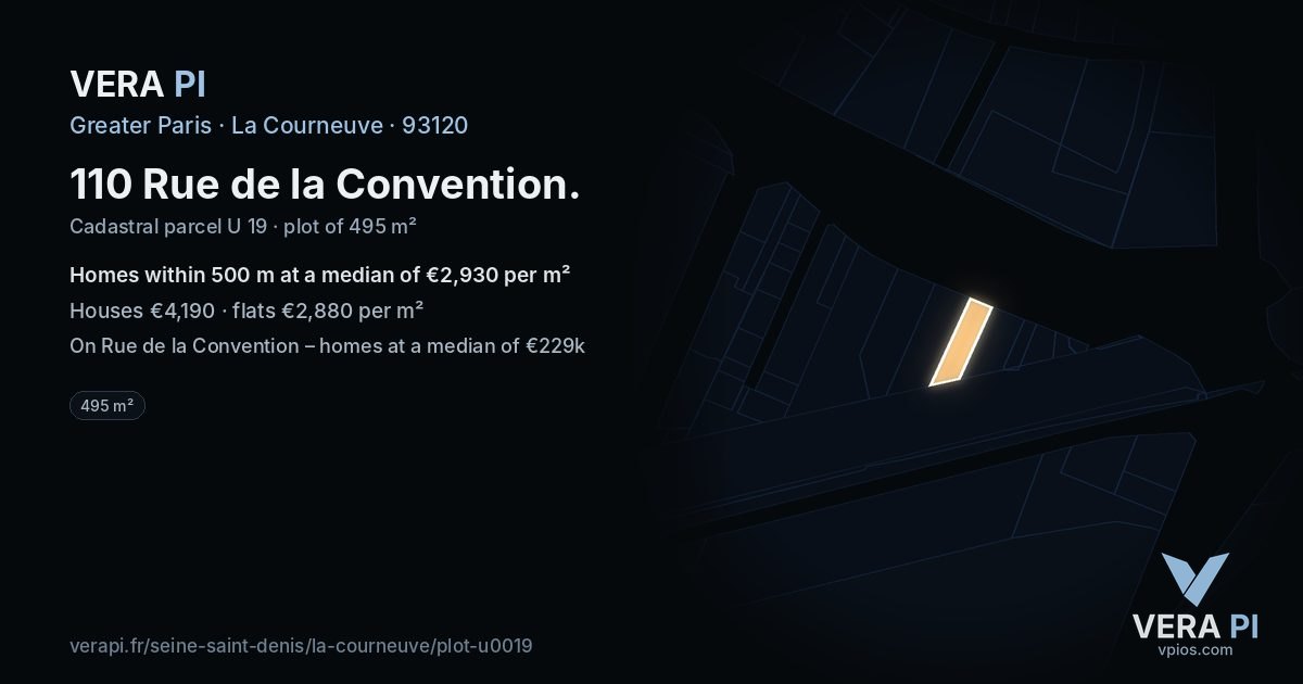 110 Rue de la Convention, La Courneuve at night – the plot lit, the parcels around coloured by the prices near them