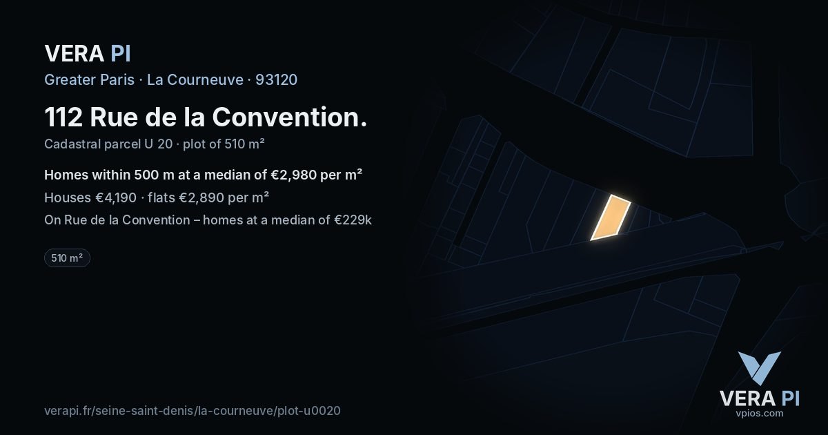 112 Rue de la Convention, La Courneuve at night – the plot lit, the parcels around coloured by the prices near them