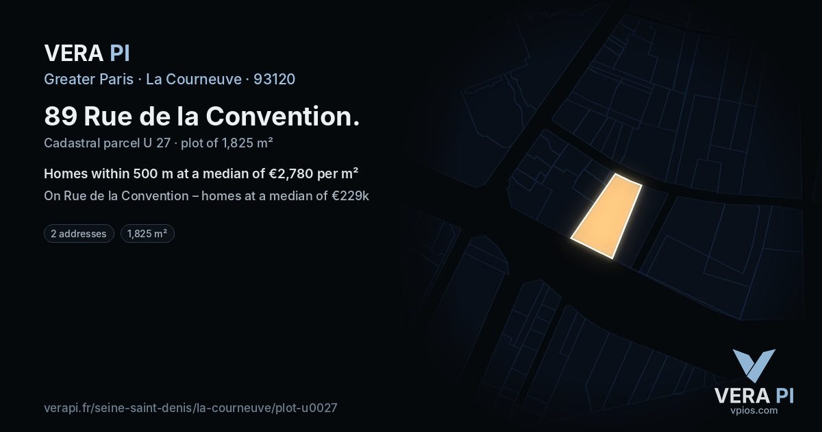 89 Rue de la Convention, La Courneuve at night – the plot lit, the parcels around coloured by the prices near them