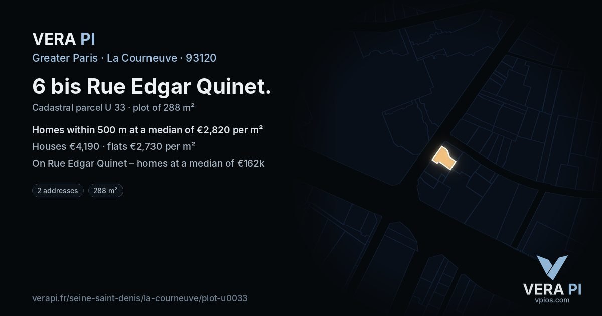 6 bis Rue Edgar Quinet, La Courneuve at night – the plot lit, the parcels around coloured by the prices near them
