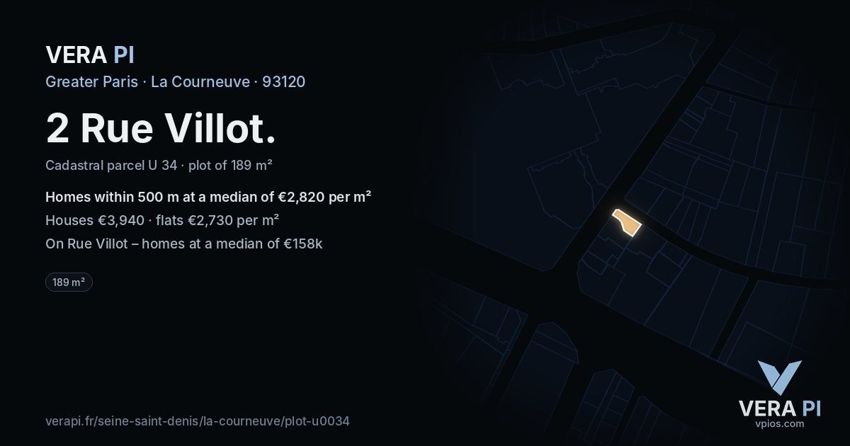 2 Rue Villot, La Courneuve at night – the plot lit, the parcels around coloured by the prices near them