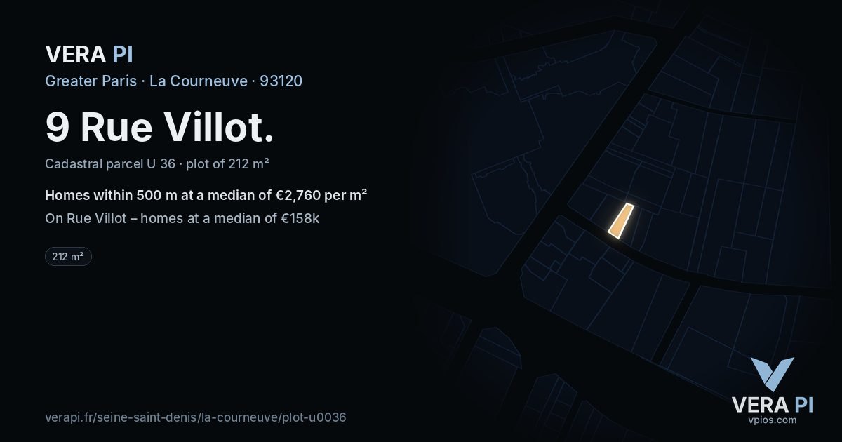 9 Rue Villot, La Courneuve at night – the plot lit, the parcels around coloured by the prices near them