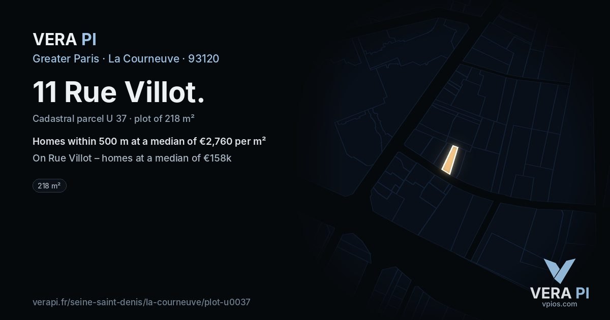 11 Rue Villot, La Courneuve at night – the plot lit, the parcels around coloured by the prices near them