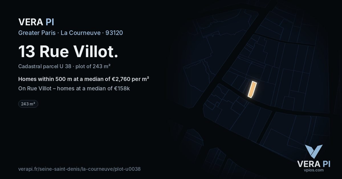 13 Rue Villot, La Courneuve at night – the plot lit, the parcels around coloured by the prices near them