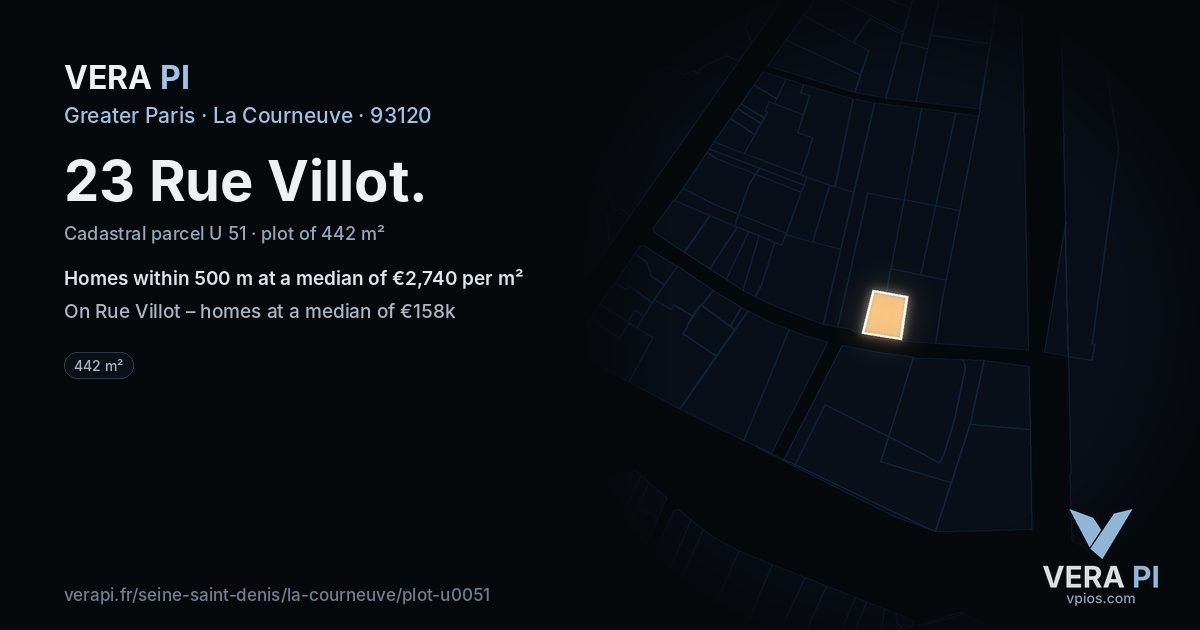 23 Rue Villot, La Courneuve at night – the plot lit, the parcels around coloured by the prices near them
