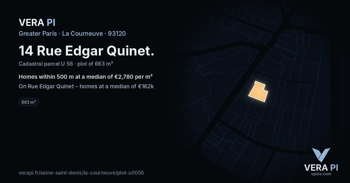 14 Rue Edgar Quinet, La Courneuve at night – the plot lit, the parcels around coloured by the prices near them