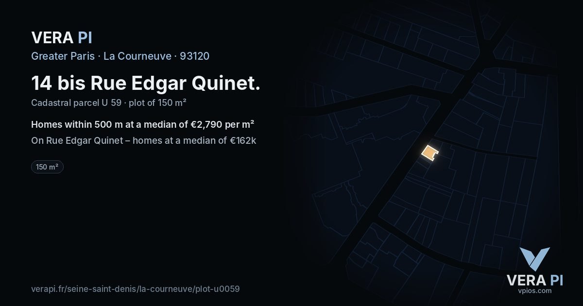 14 bis Rue Edgar Quinet, La Courneuve at night – the plot lit, the parcels around coloured by the prices near them