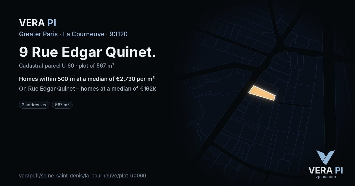 9 Rue Edgar Quinet, La Courneuve at night – the plot lit, the parcels around coloured by the prices near them