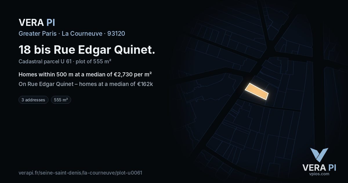 18 bis Rue Edgar Quinet, La Courneuve at night – the plot lit, the parcels around coloured by the prices near them