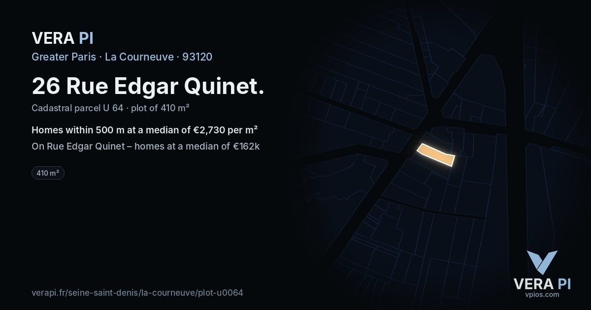 26 Rue Edgar Quinet, La Courneuve at night – the plot lit, the parcels around coloured by the prices near them