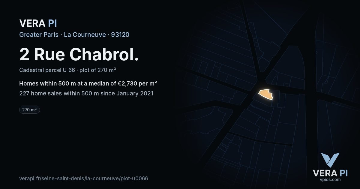 2 Rue Chabrol, La Courneuve at night – the plot lit, the parcels around coloured by the prices near them