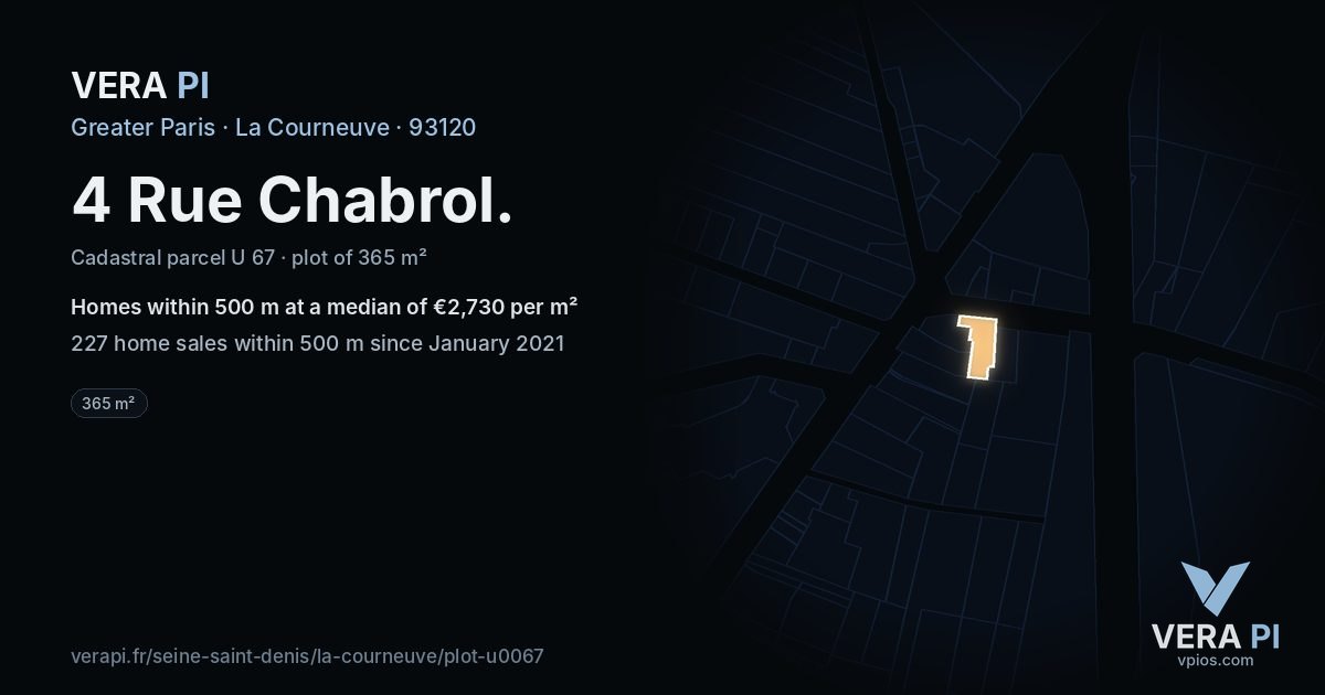 4 Rue Chabrol, La Courneuve at night – the plot lit, the parcels around coloured by the prices near them