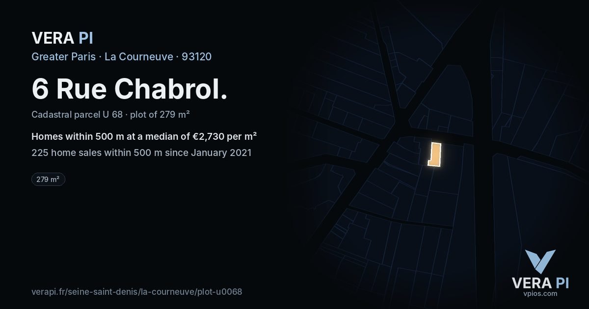 6 Rue Chabrol, La Courneuve at night – the plot lit, the parcels around coloured by the prices near them