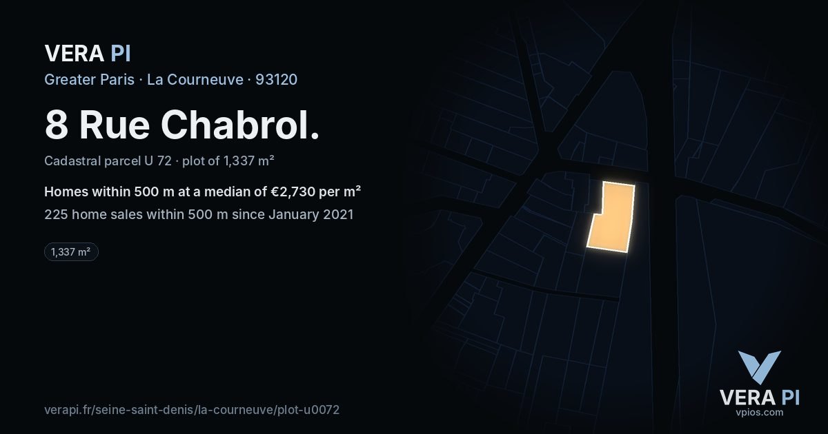 8 Rue Chabrol, La Courneuve at night – the plot lit, the parcels around coloured by the prices near them