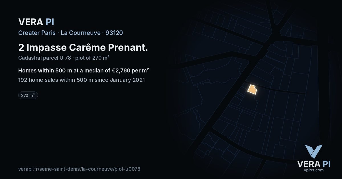 2 Impasse Carême Prenant, La Courneuve at night – the plot lit, the parcels around coloured by the prices near them