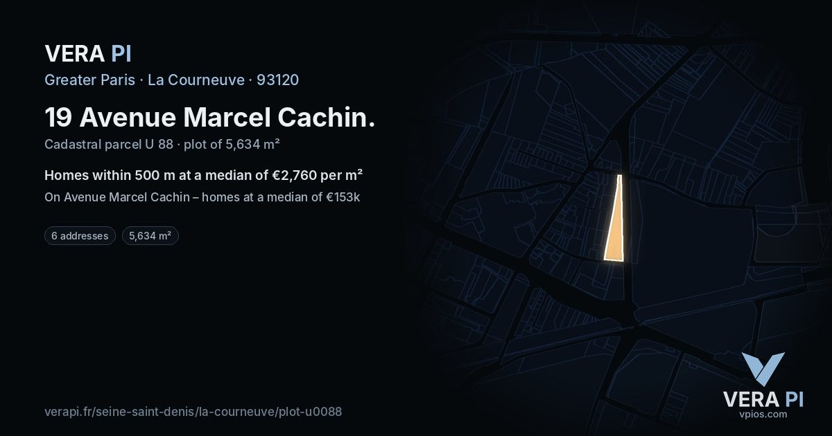 19 Avenue Marcel Cachin, La Courneuve at night – the plot lit, the parcels around coloured by the prices near them