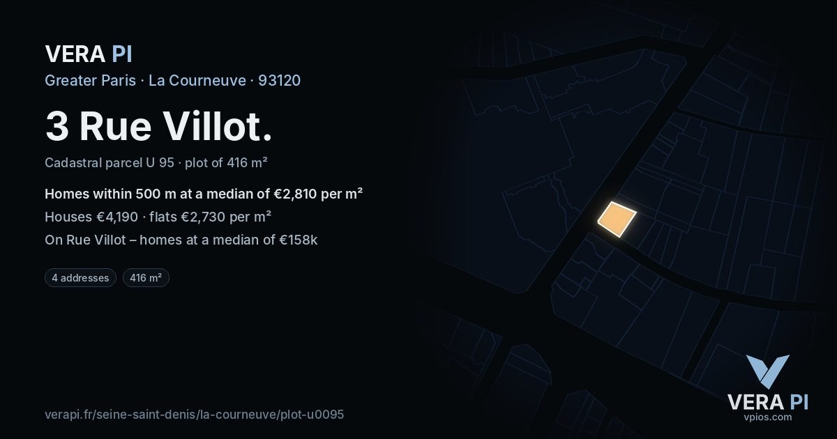 3 Rue Villot, La Courneuve at night – the plot lit, the parcels around coloured by the prices near them