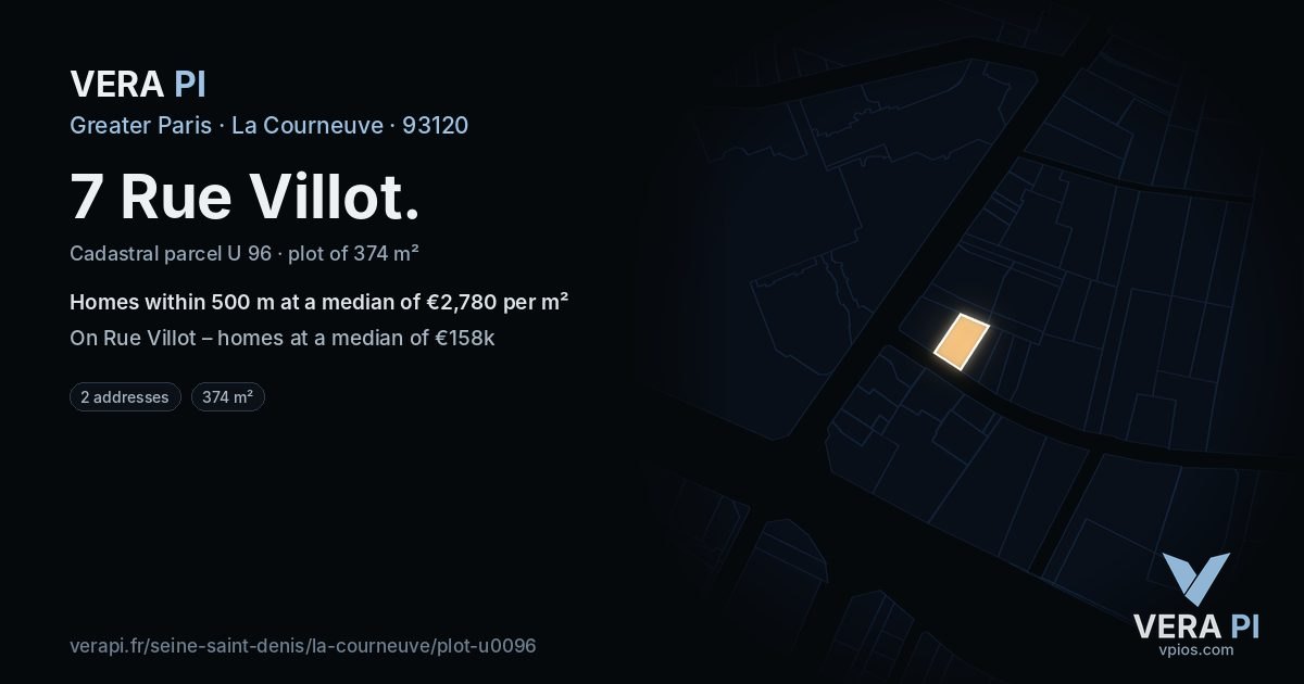 7 Rue Villot, La Courneuve at night – the plot lit, the parcels around coloured by the prices near them