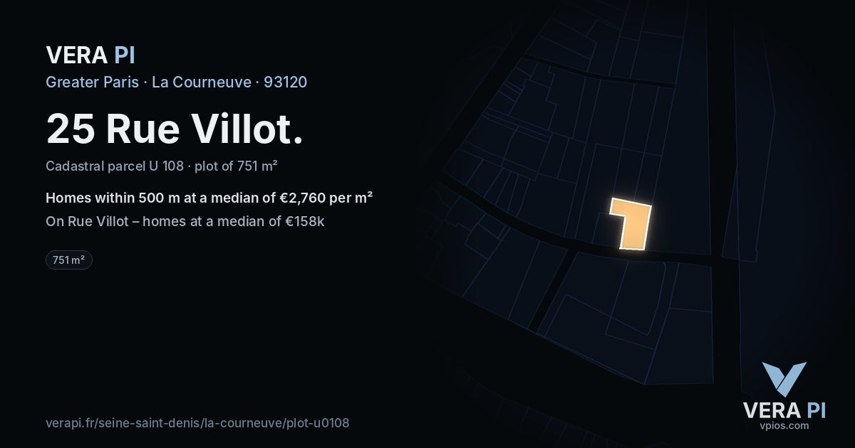 25 Rue Villot, La Courneuve at night – the plot lit, the parcels around coloured by the prices near them