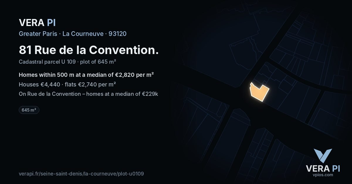 81 Rue de la Convention, La Courneuve at night – the plot lit, the parcels around coloured by the prices near them
