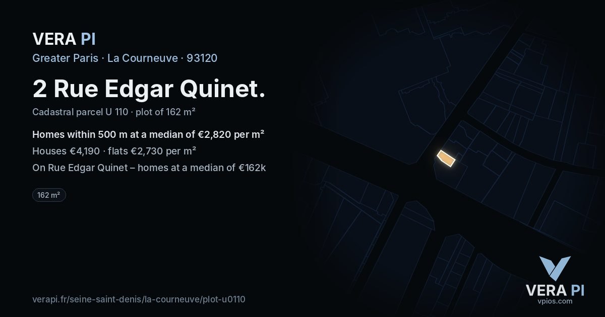 2 Rue Edgar Quinet, La Courneuve at night – the plot lit, the parcels around coloured by the prices near them