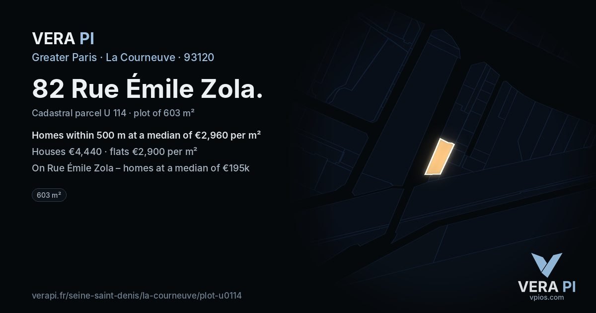 82 Rue Émile Zola, La Courneuve at night – the plot lit, the parcels around coloured by the prices near them