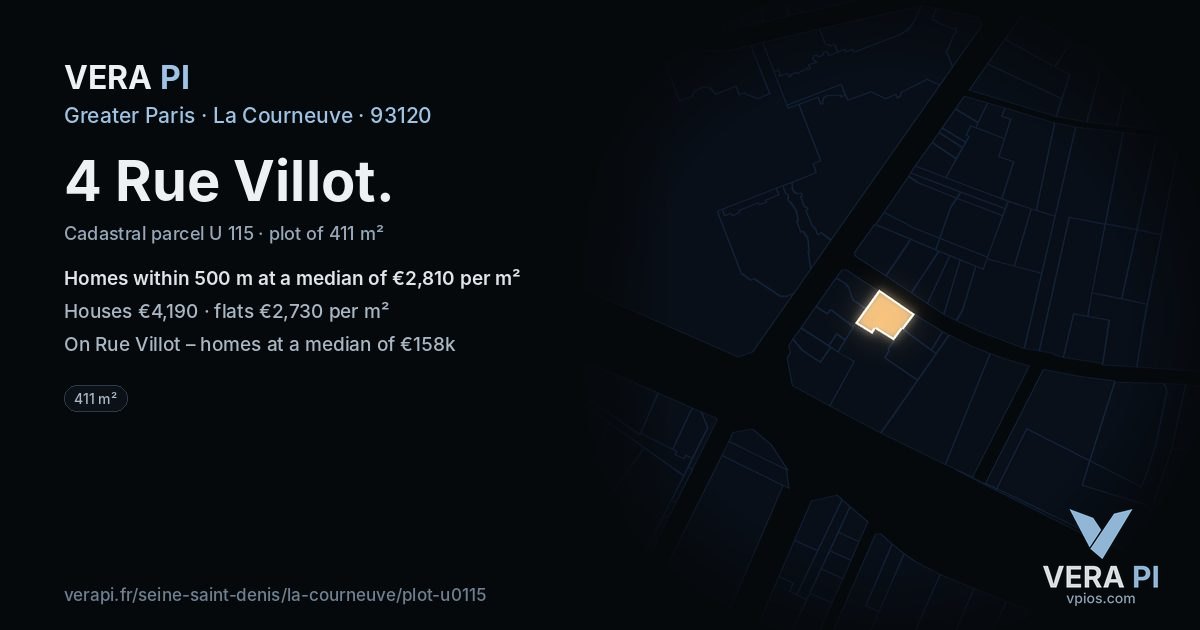 4 Rue Villot, La Courneuve at night – the plot lit, the parcels around coloured by the prices near them