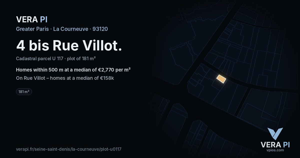 4 bis Rue Villot, La Courneuve at night – the plot lit, the parcels around coloured by the prices near them