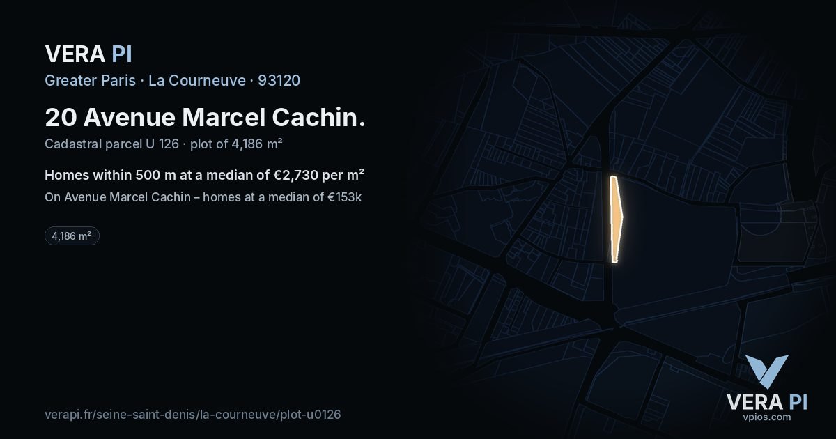 20 Avenue Marcel Cachin, La Courneuve at night – the plot lit, the parcels around coloured by the prices near them