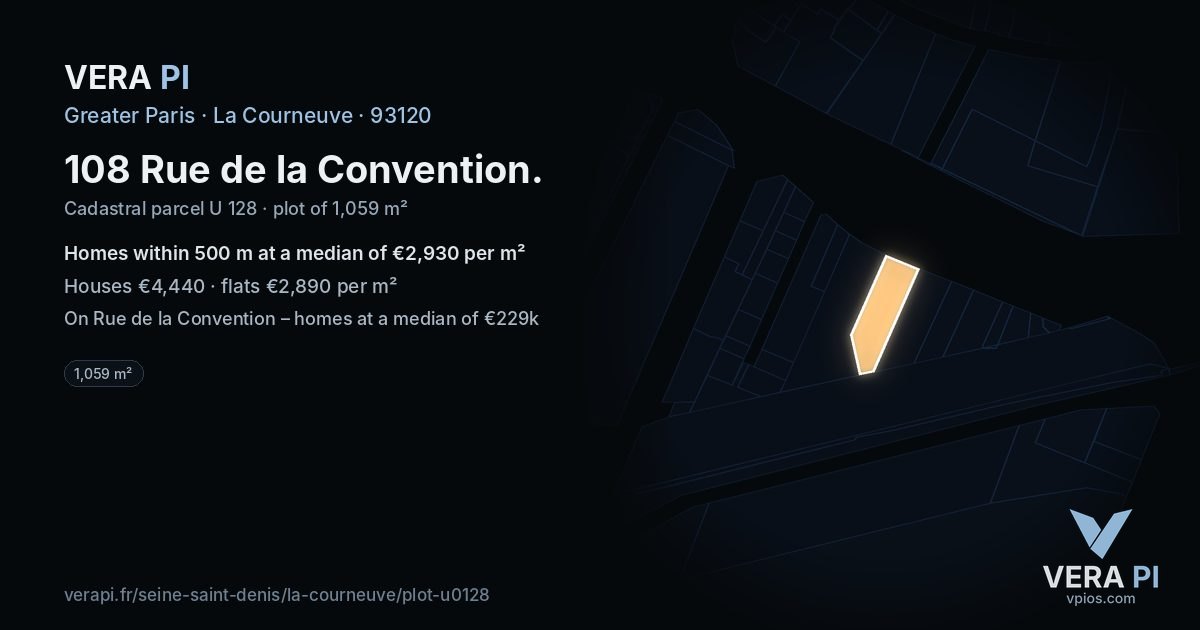108 Rue de la Convention, La Courneuve at night – the plot lit, the parcels around coloured by the prices near them