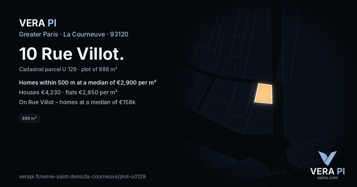 10 Rue Villot, La Courneuve at night – the plot lit, the parcels around coloured by the prices near them