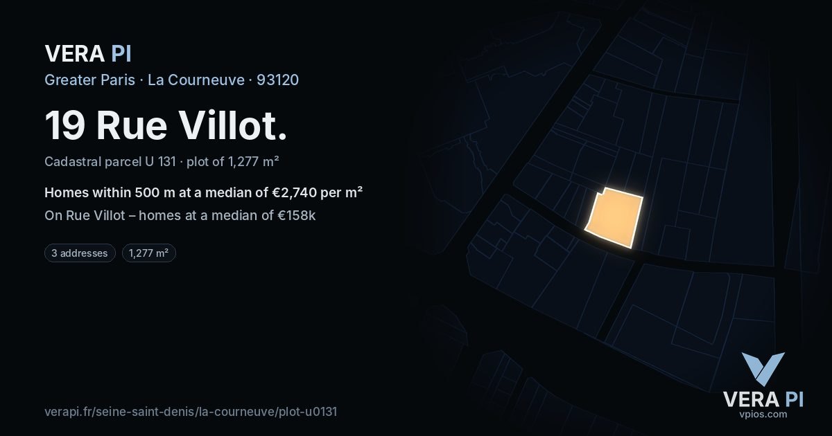 19 Rue Villot, La Courneuve at night – the plot lit, the parcels around coloured by the prices near them