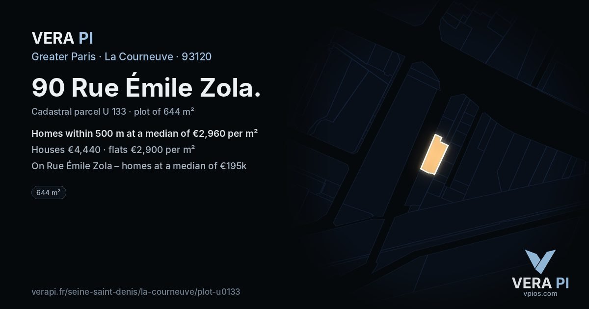 90 Rue Émile Zola, La Courneuve at night – the plot lit, the parcels around coloured by the prices near them