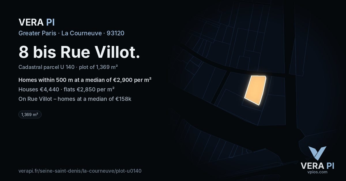 8 bis Rue Villot, La Courneuve at night – the plot lit, the parcels around coloured by the prices near them