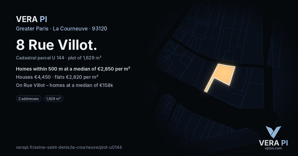 8 Rue Villot, La Courneuve at night – the plot lit, the parcels around coloured by the prices near them