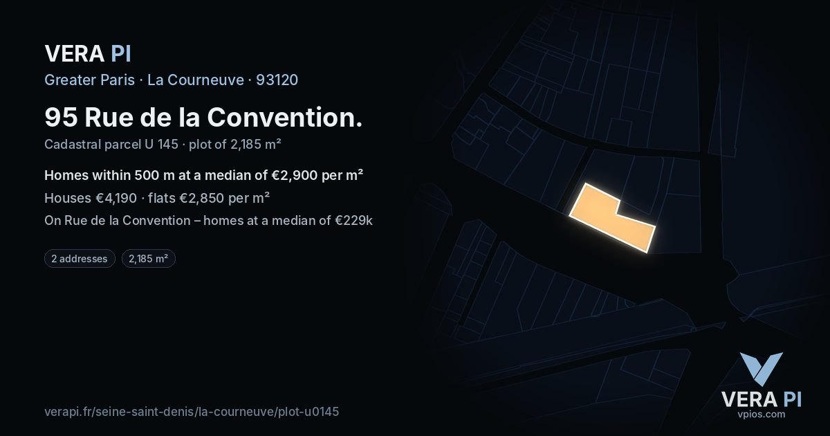 95 Rue de la Convention, La Courneuve at night – the plot lit, the parcels around coloured by the prices near them